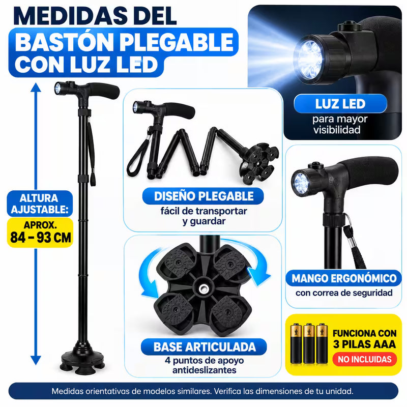 Bastón Ortopédico Plegable con Luz LED y Base Antideslizante de 4 Apoyos