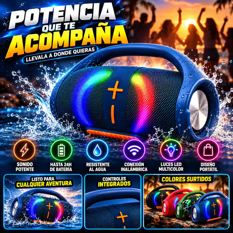 Bocina Bluetooth con Luces LED, Asa de Transporte y Sonido Envolvente