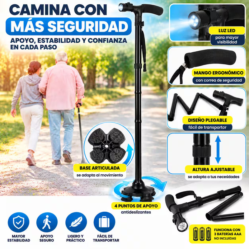 Bastón Ortopédico Plegable con Luz LED y Base Antideslizante de 4 Apoyos